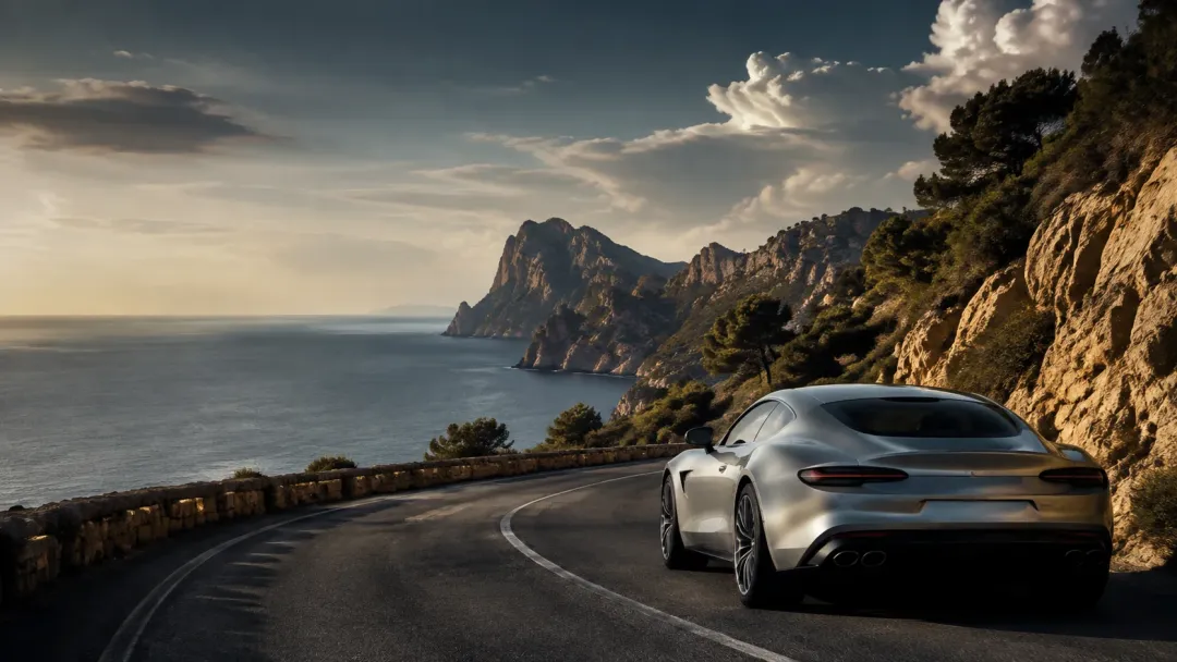 A car on a coastal road at sunset