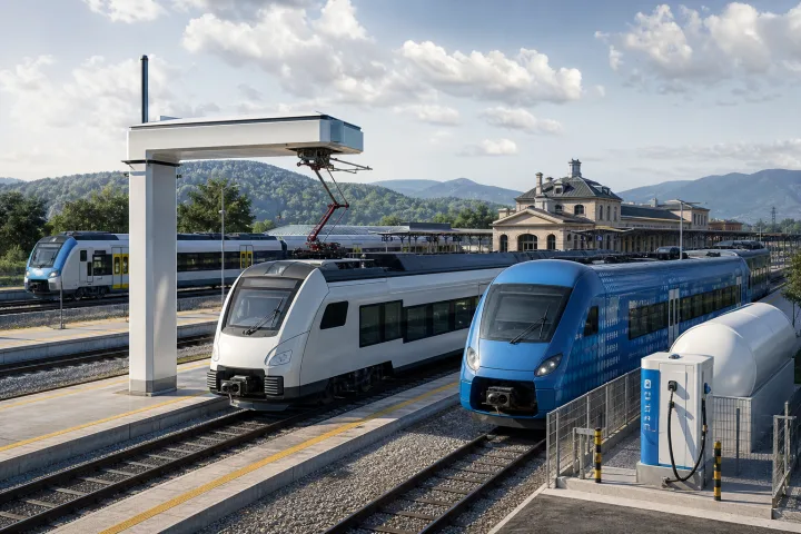 Illustration d’un train régional sans caténaire utilisant une technologie à batterie et à hydrogène dans une gare européenne