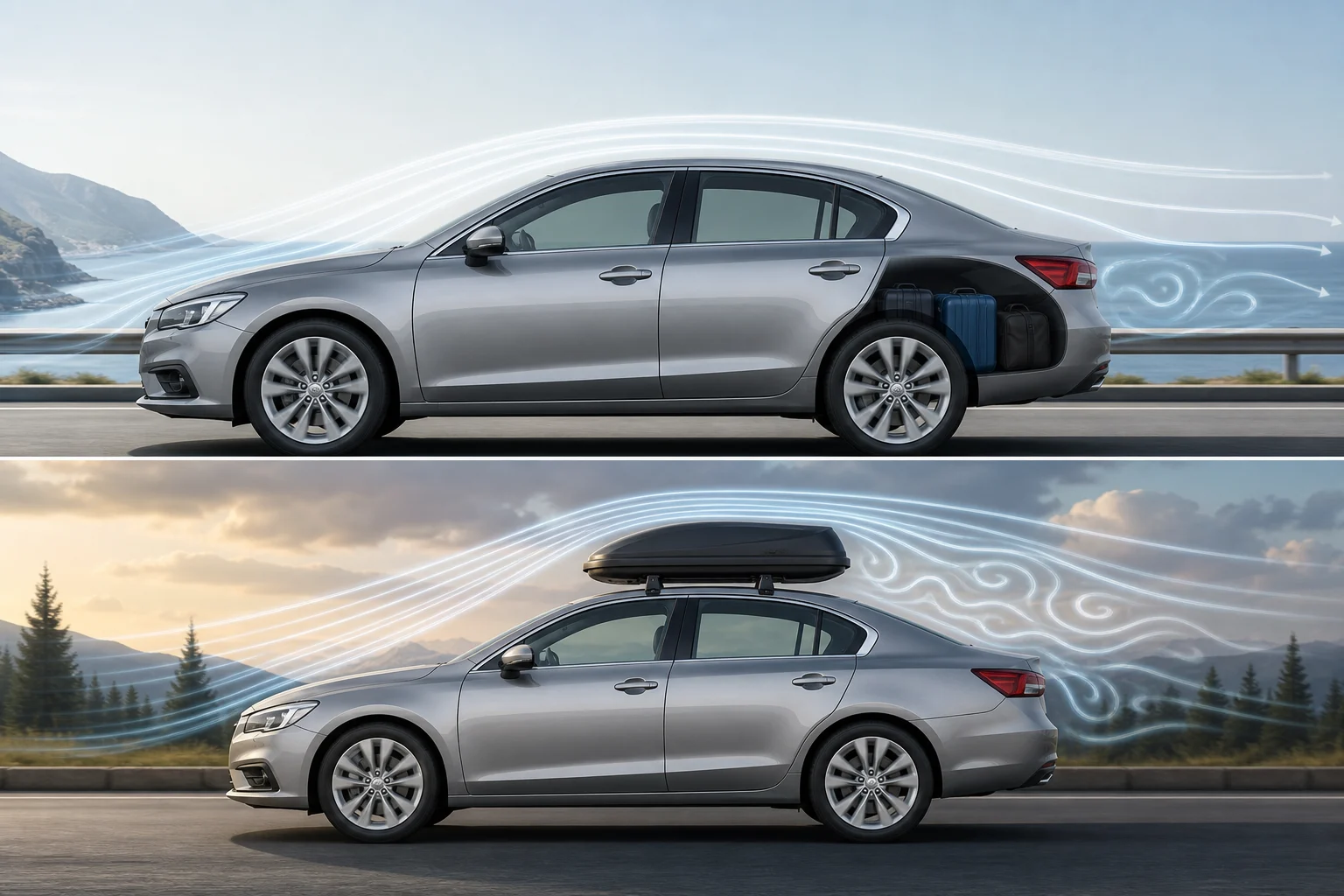 Comparaison visuelle entre des bagages dans le coffre et un coffre placé sur le toit d’une voiture