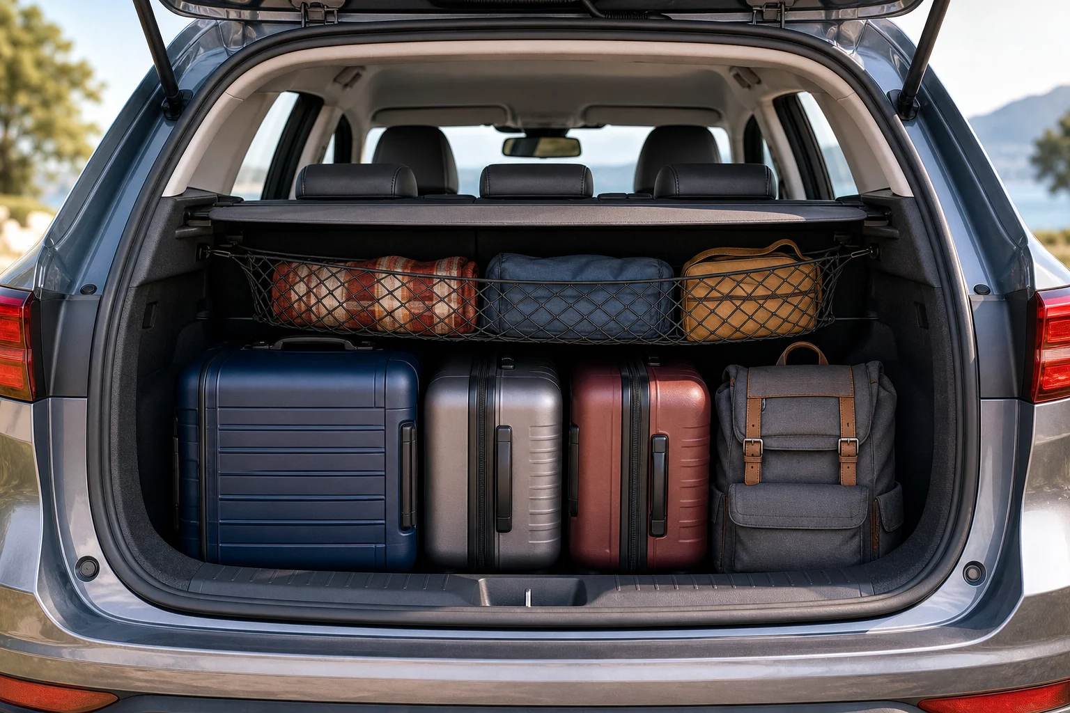 Coffre bien rangé avec des valises lourdes placées en bas et des bagages arrimés
