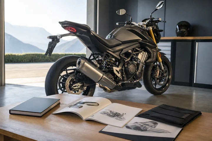 Geparktes Motorrad neben seinem Auspuff, Fahrzeugschein und Genehmigungsunterlagen auf einem Tisch