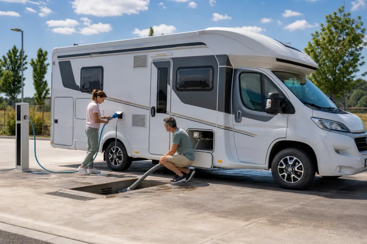 Autocaravan accanto a una stazione di servizio per caricare acqua e svuotare i serbatoi, con tubi e segnaletica visibile