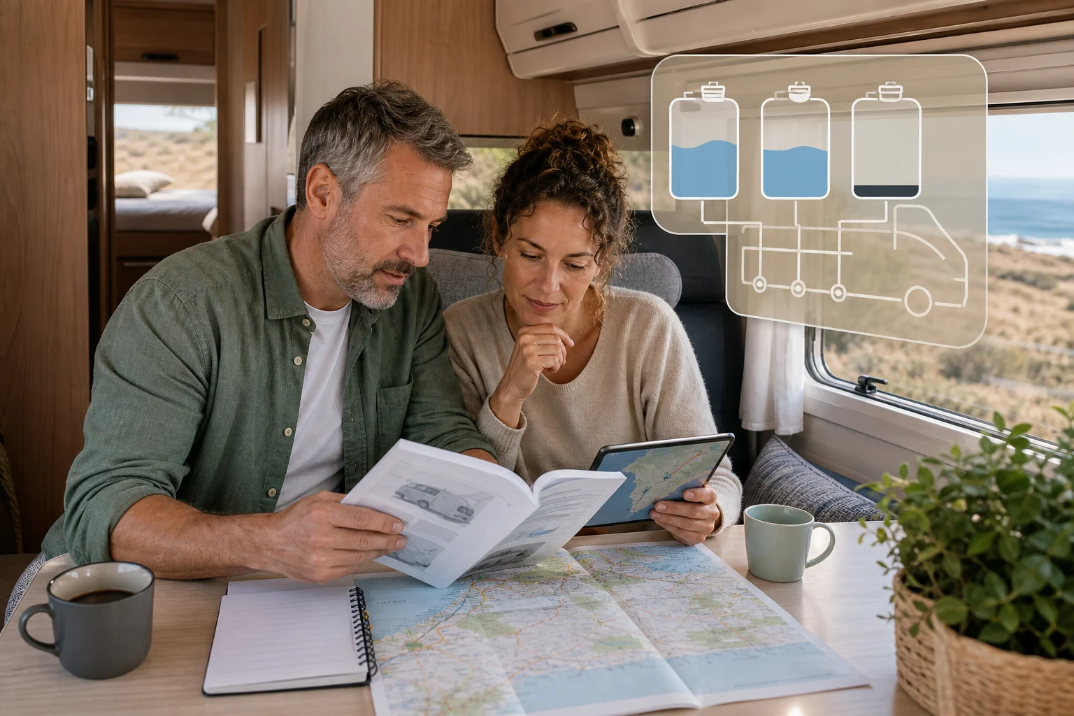 Two travellers review the manual and plan water points inside a motorhome