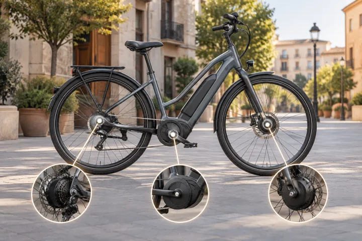 Urbanes E-Bike an einem Radweg, mit dezent hervorgehobenem Mittelmotor und den Naben.