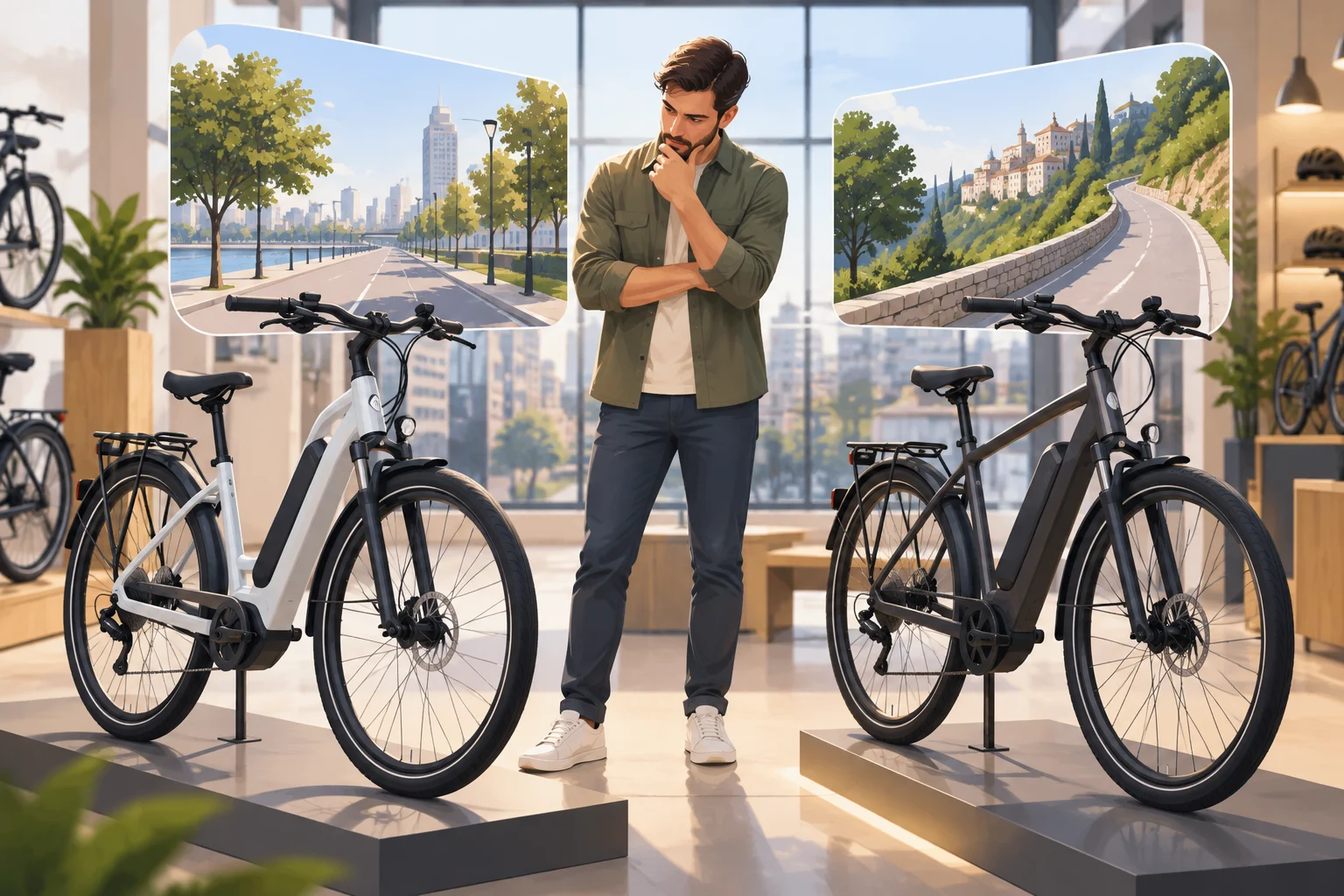 Käufer vergleicht vor der Auswahl zwei urbane E-Bikes.