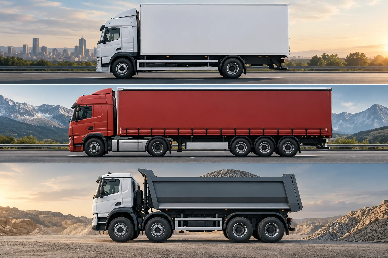 Tre camion generici di profilo con diverse configurazioni di assi