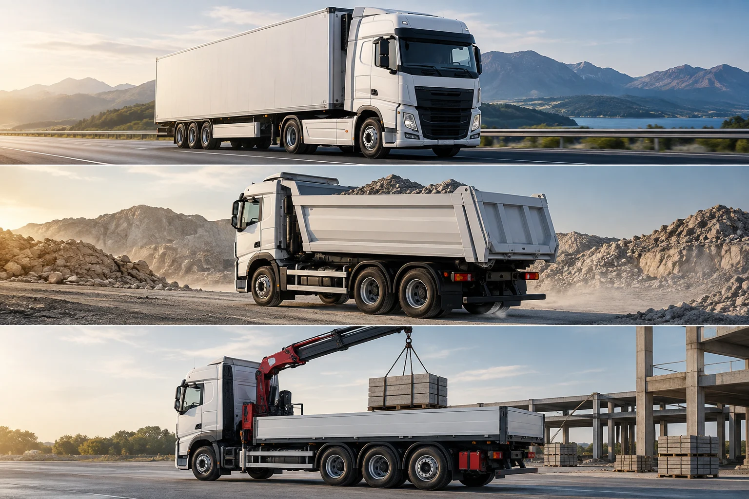 Schema concettuale di tre camion con diverse configurazioni di assi