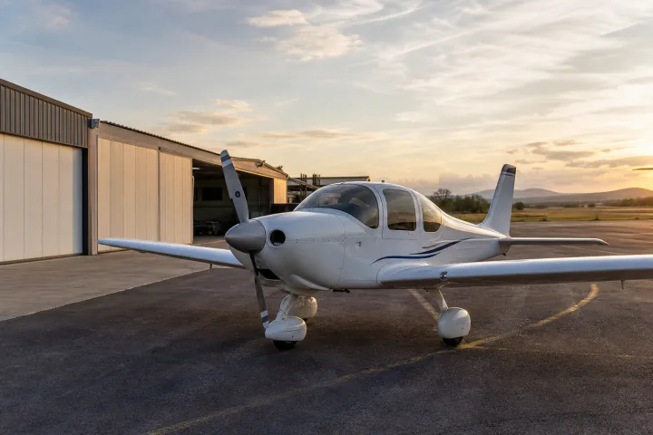 Avion léger monomoteur stationné sur l’aire de trafic d’un aérodrome au coucher du soleil