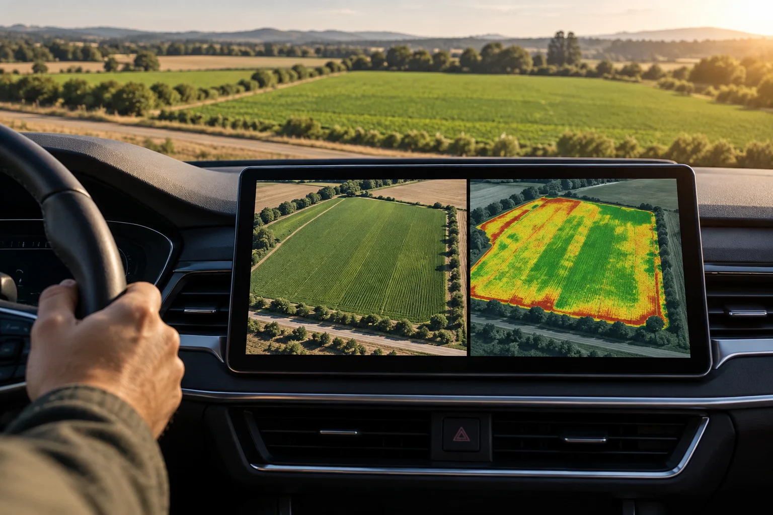 Zwei Ansichten eines Feldes zeigen ein Farbbild und eine multispektrale Analyse