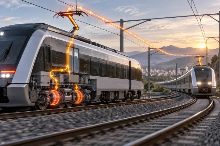 Elektrischer Zug bremst unter einer Oberleitung; eine Grafik veranschaulicht den Stromfluss zur Bahninfrastruktur