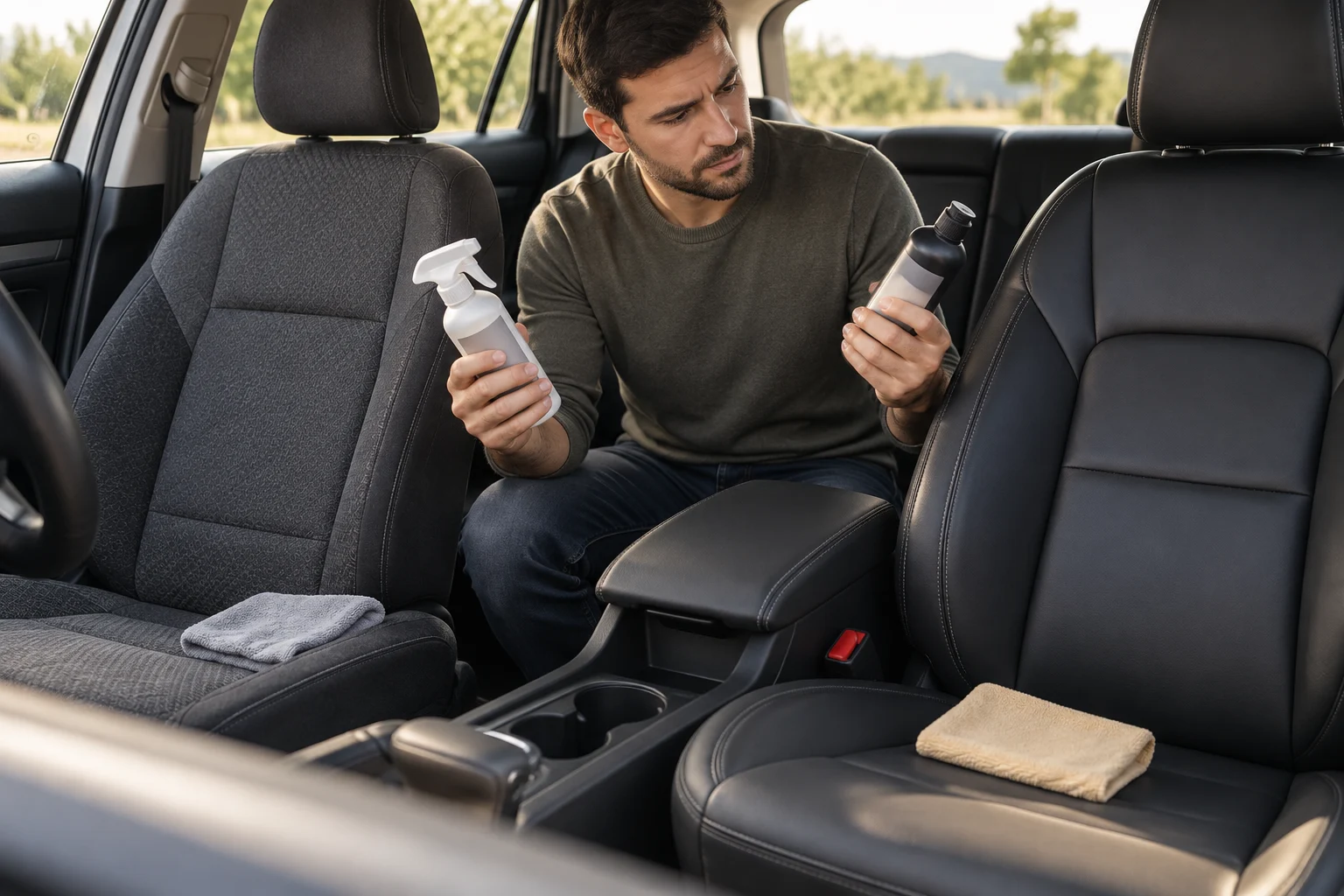 Instructions and cleaning products beside fabric and leather seats