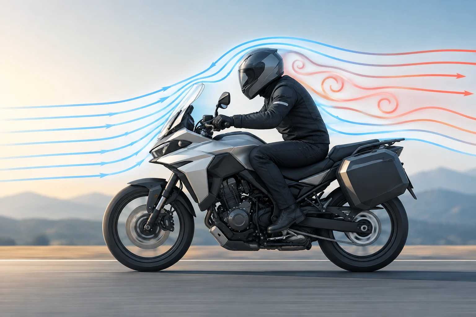 Motorrad in Seitenansicht mit Fahrer und Luftströmung um Scheibe und Helm