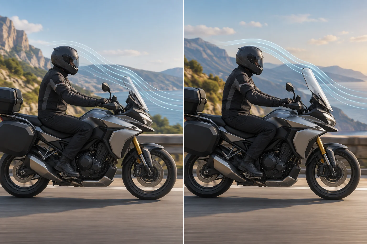 Zwei Konfigurationen eines generischen Motorrads: eine mit höherer und eine mit niedrigerer Scheibe
