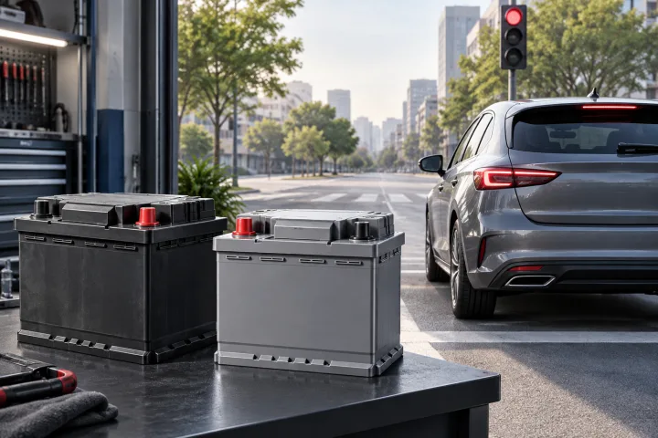 Illustrazione di due diverse batterie per auto accanto a un veicolo con sistema start-stop
