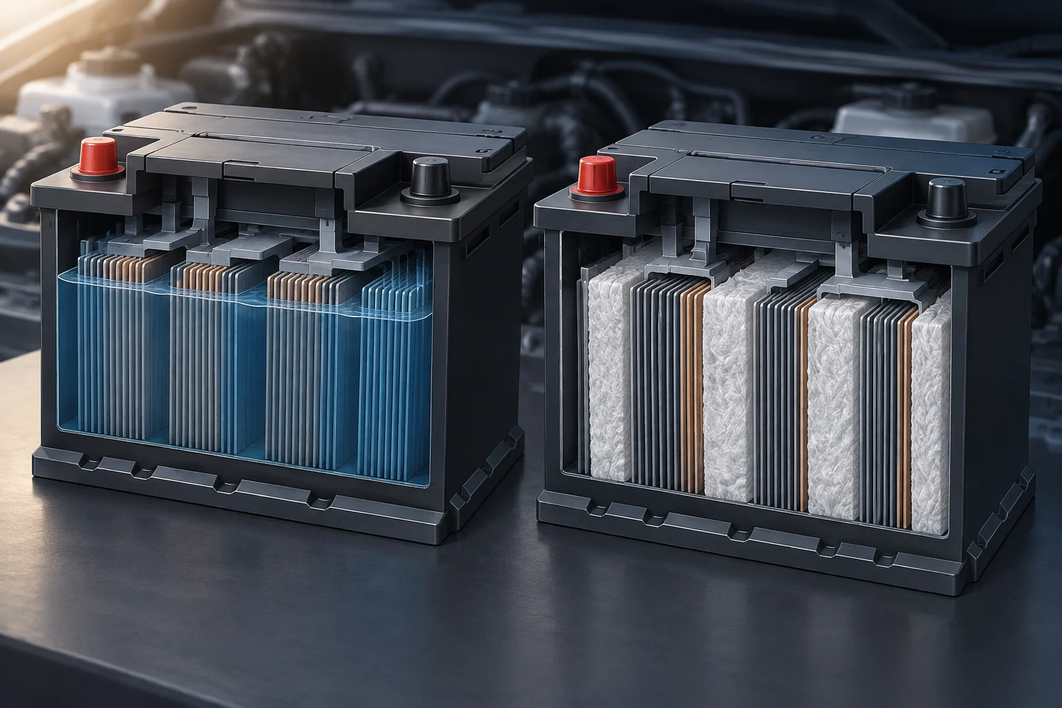 Comparação visual de uma bateria EFB e uma AGM, com a manta interna representada na AGM