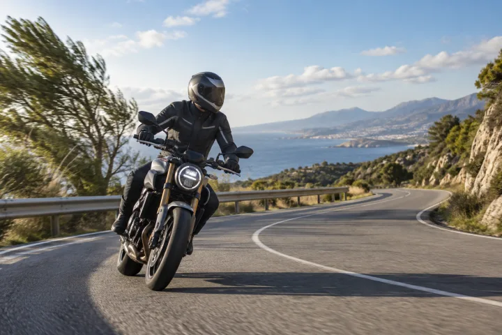 Motociclista su una strada aperta, con la vegetazione mossa dal vento