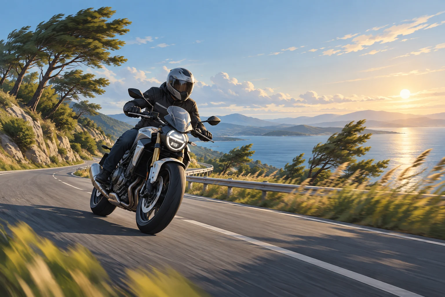 Moto su una strada aperta con alberi inclinati dal vento