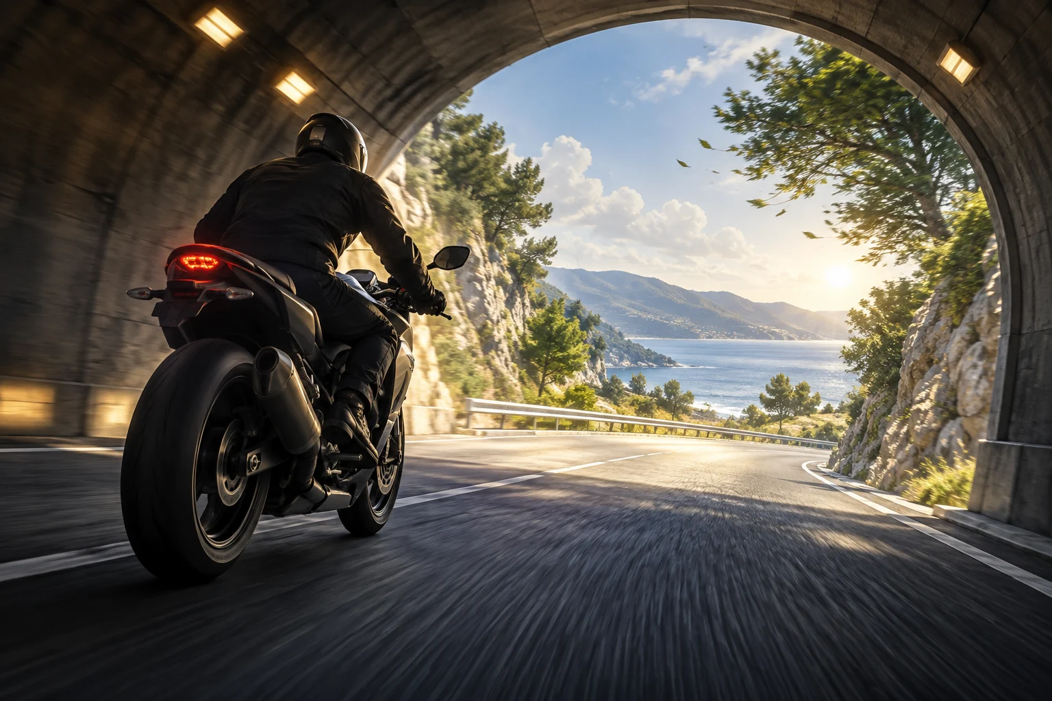 Motociclista in avvicinamento all’uscita di una galleria con vento all’esterno