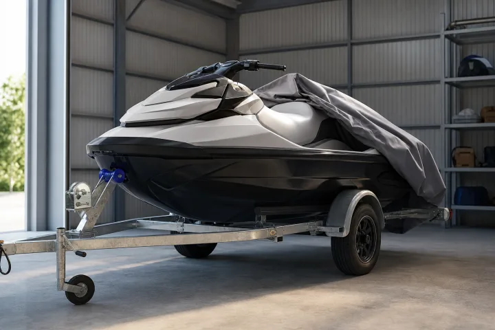 Scooter des mers propre et couvert sur une remorque dans un espace de stockage
