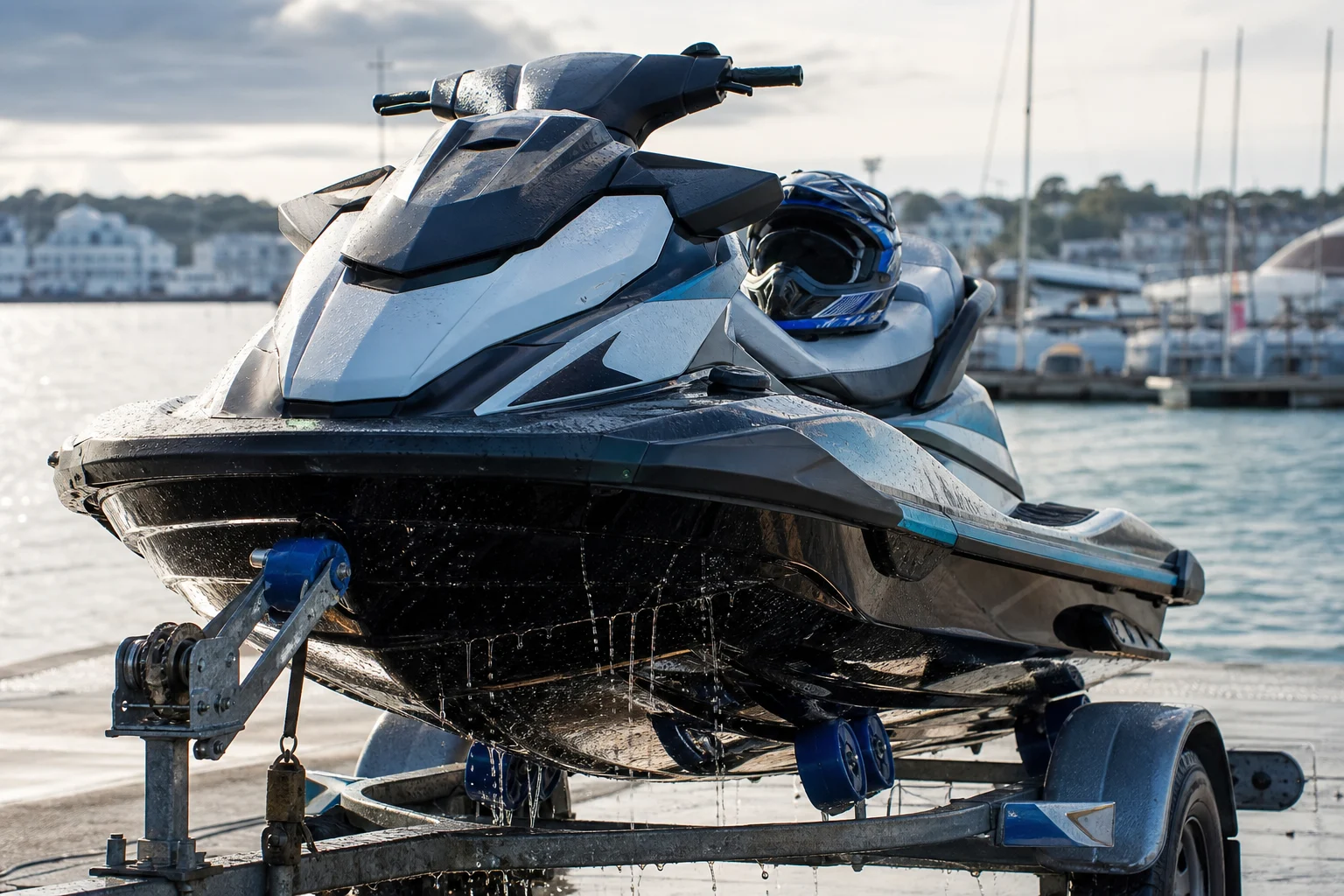 Generisches Wassermotorrad mit nassem Rumpf auf einem Anhänger am Hafen