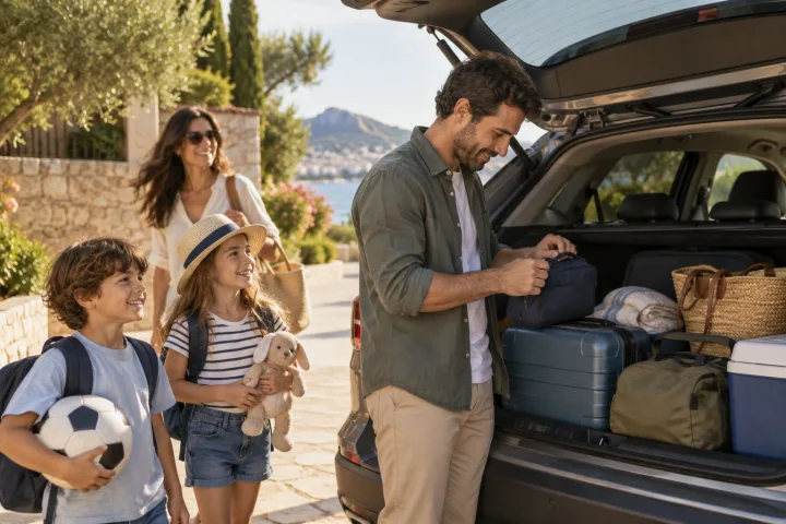Eine Familie neben einem für eine Reise vorbereiteten Auto. Eine kleine Tasche ist griffbereit, das übrige Gepäck liegt im Kofferraum.