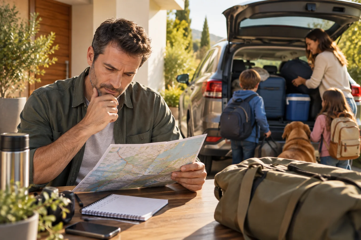 Un adulto controlla il percorso e prepara una borsa piccola prima di un viaggio in famiglia.