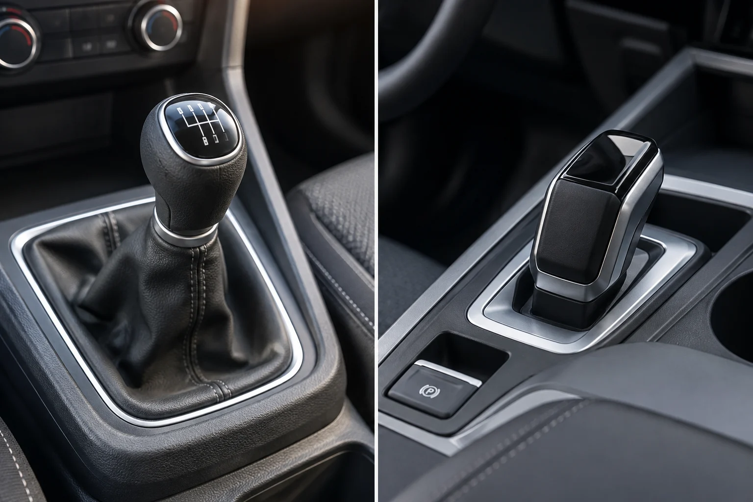 Ein mechanischer Hebel und ein elektrischer Schalter an einer Autokonsole im Vergleich.