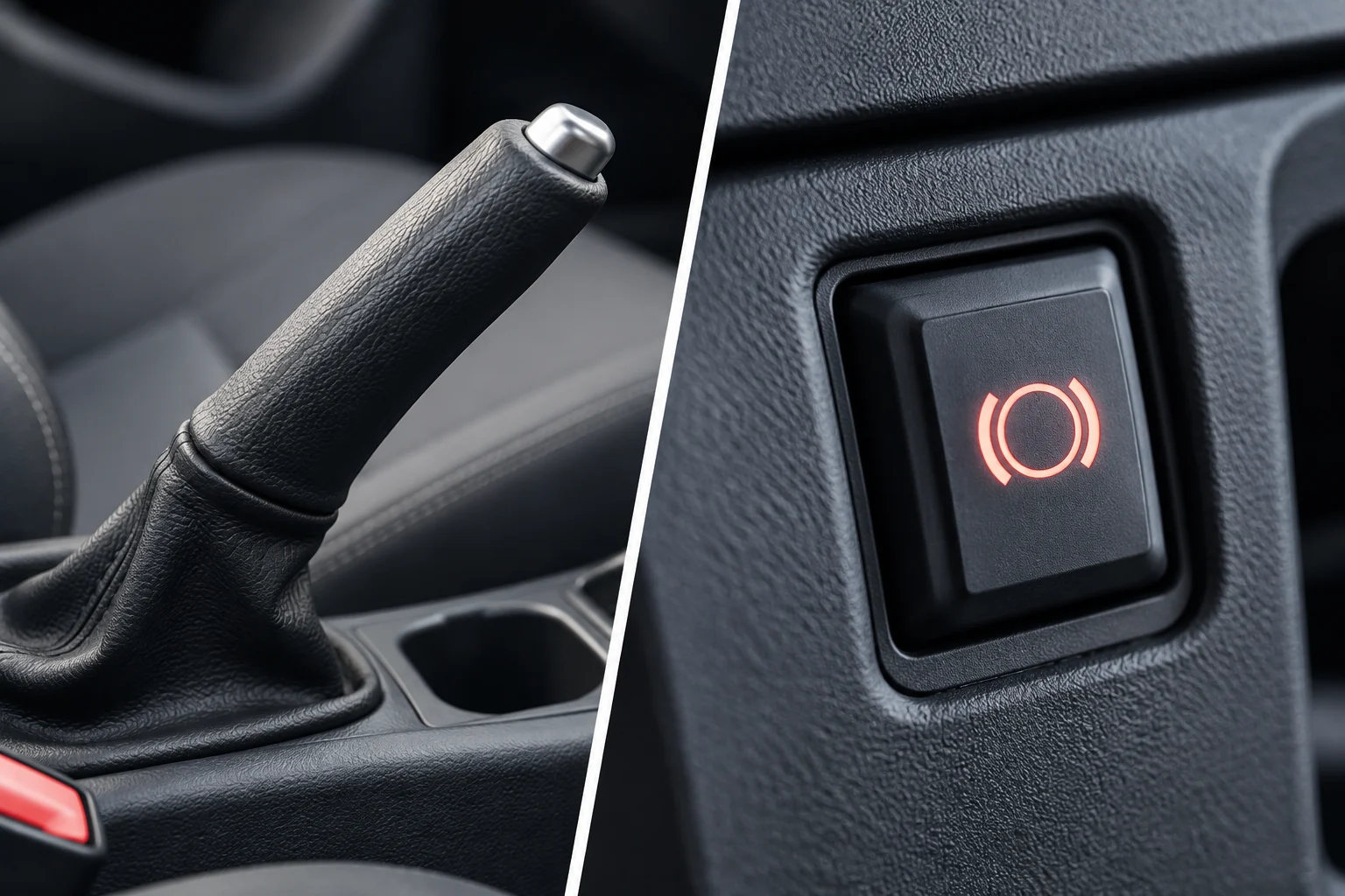 Detailansicht eines mechanischen Hebels und eines elektrischen Schalters für die Feststellbremse.