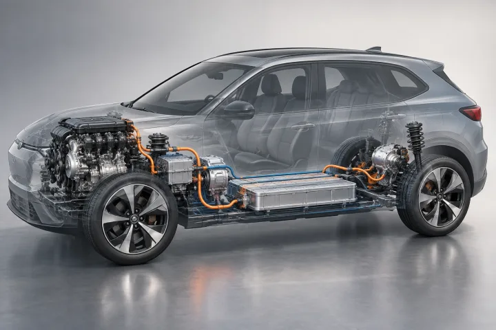 Schéma conceptuel d’une voiture hybride avec un moteur thermique, un moteur électrique et des roues reliés par différents chemins.
