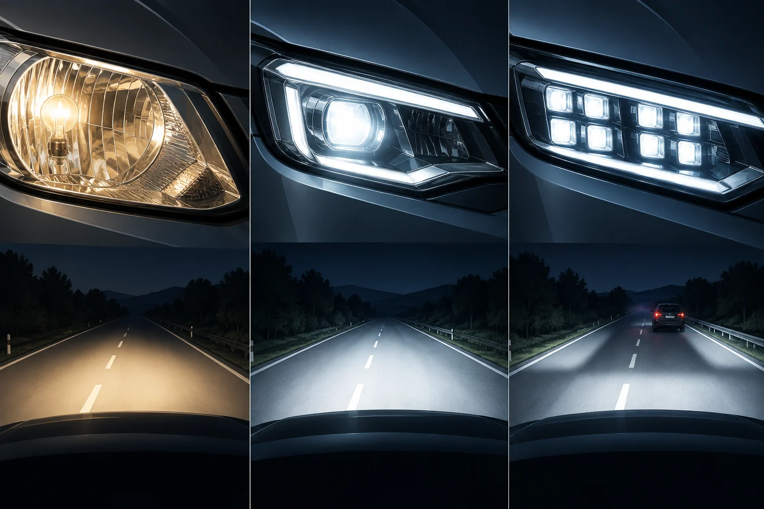 Drei schematische Scheinwerfer für Glühlampen-Lichtquellen, LEDs und Matrix-LED-Segmente