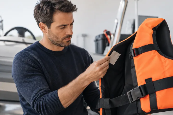 Une personne consulte l’étiquette d’un gilet de natation