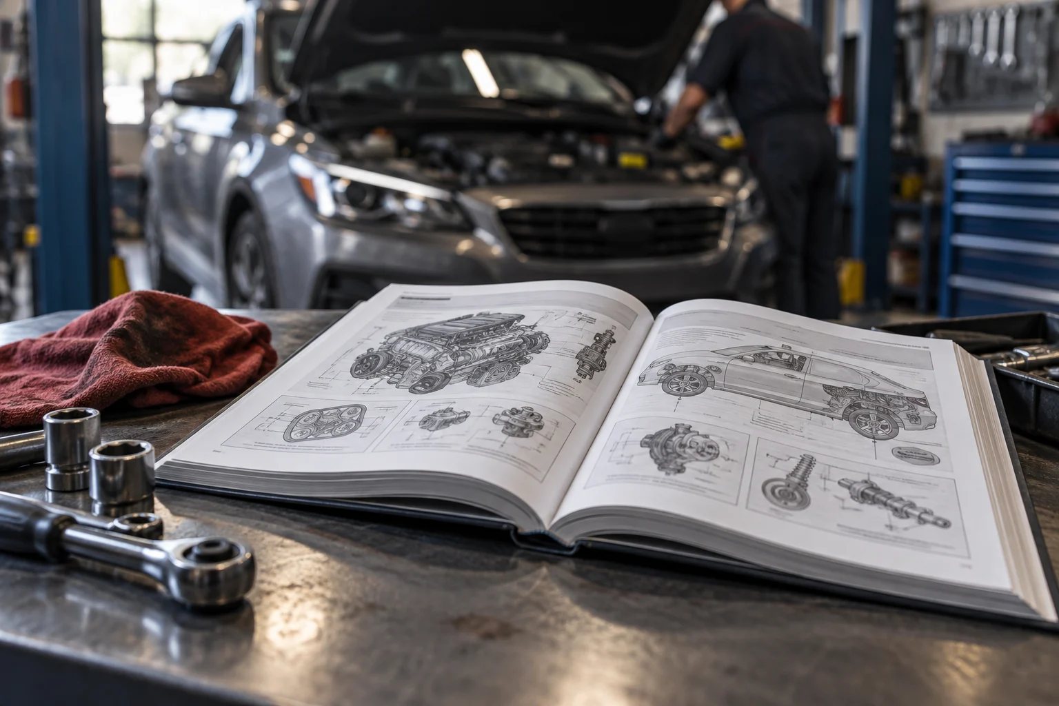 Geöffnetes Fahrzeughandbuch in einer Werkstatt neben einem Auto.