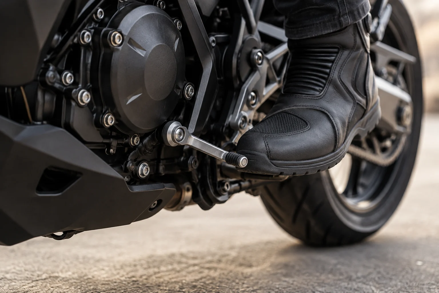 Gros plan sur le sélecteur de vitesse et le pied d’un motard à côté d’une moto