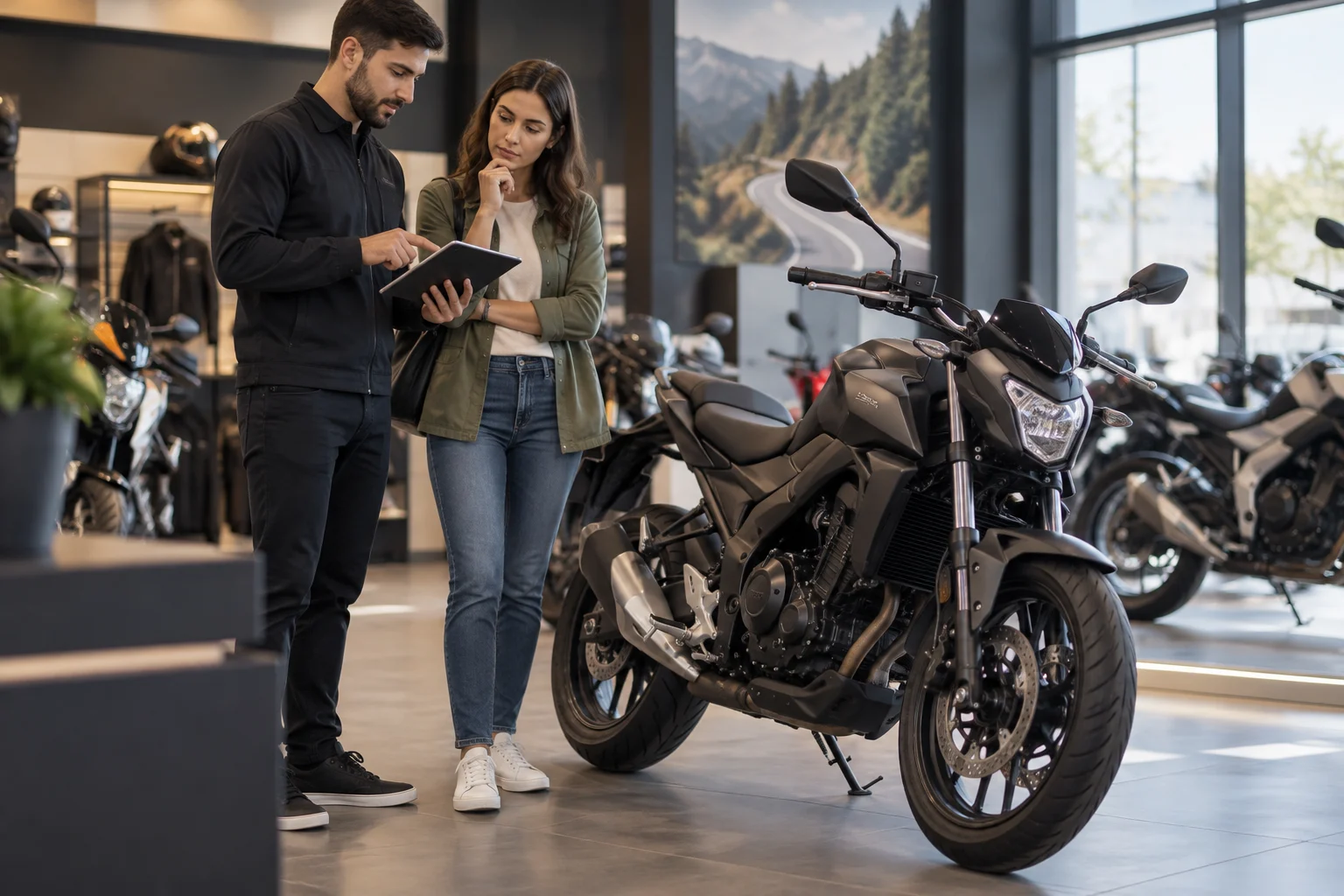 Acheteur comparant la documentation d’une moto aux informations de l’annonce