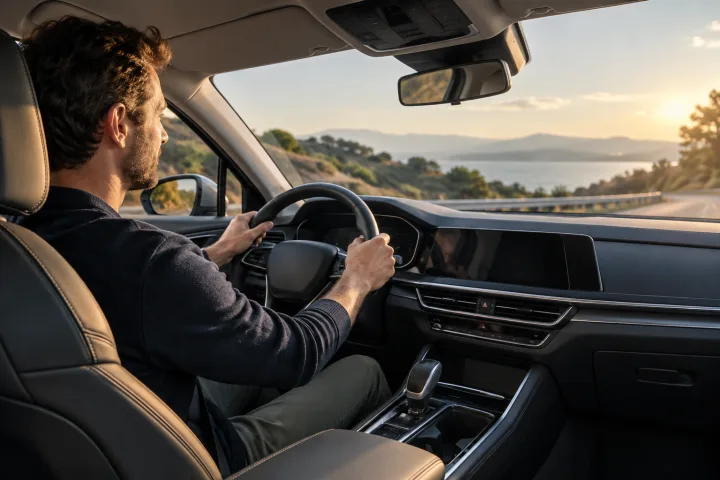 Driver sitting at the wheel of a modern car, viewed from the passenger seat