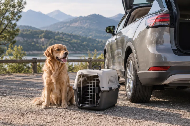A pet beside a carrier and a parked car, without showing how the restraint system is positioned