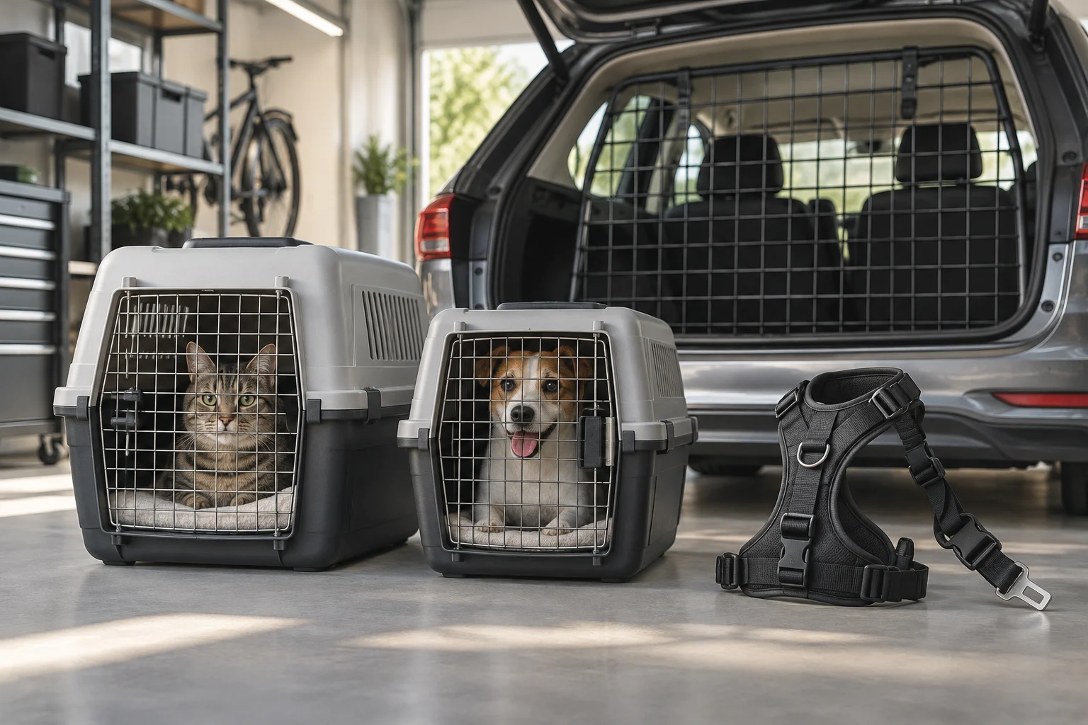 Trasportino, imbracatura e rete divisoria pronti per un viaggio in auto con animali domestici