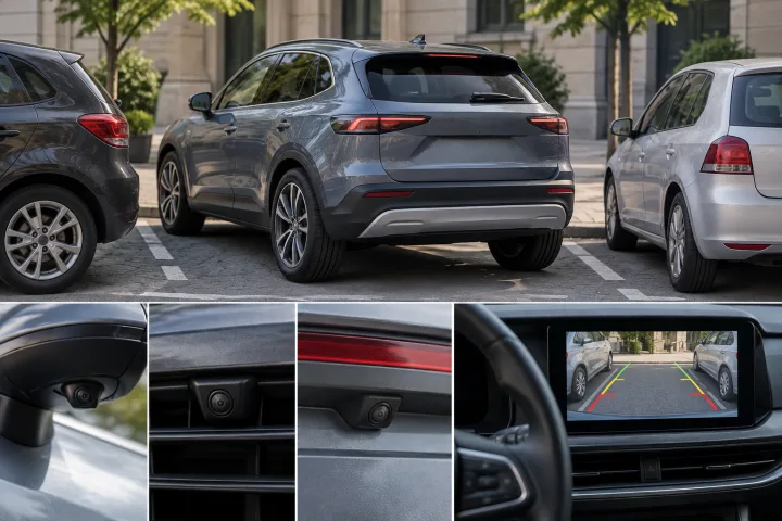 A parked car beside a parking display, with several exterior cameras indicated.
