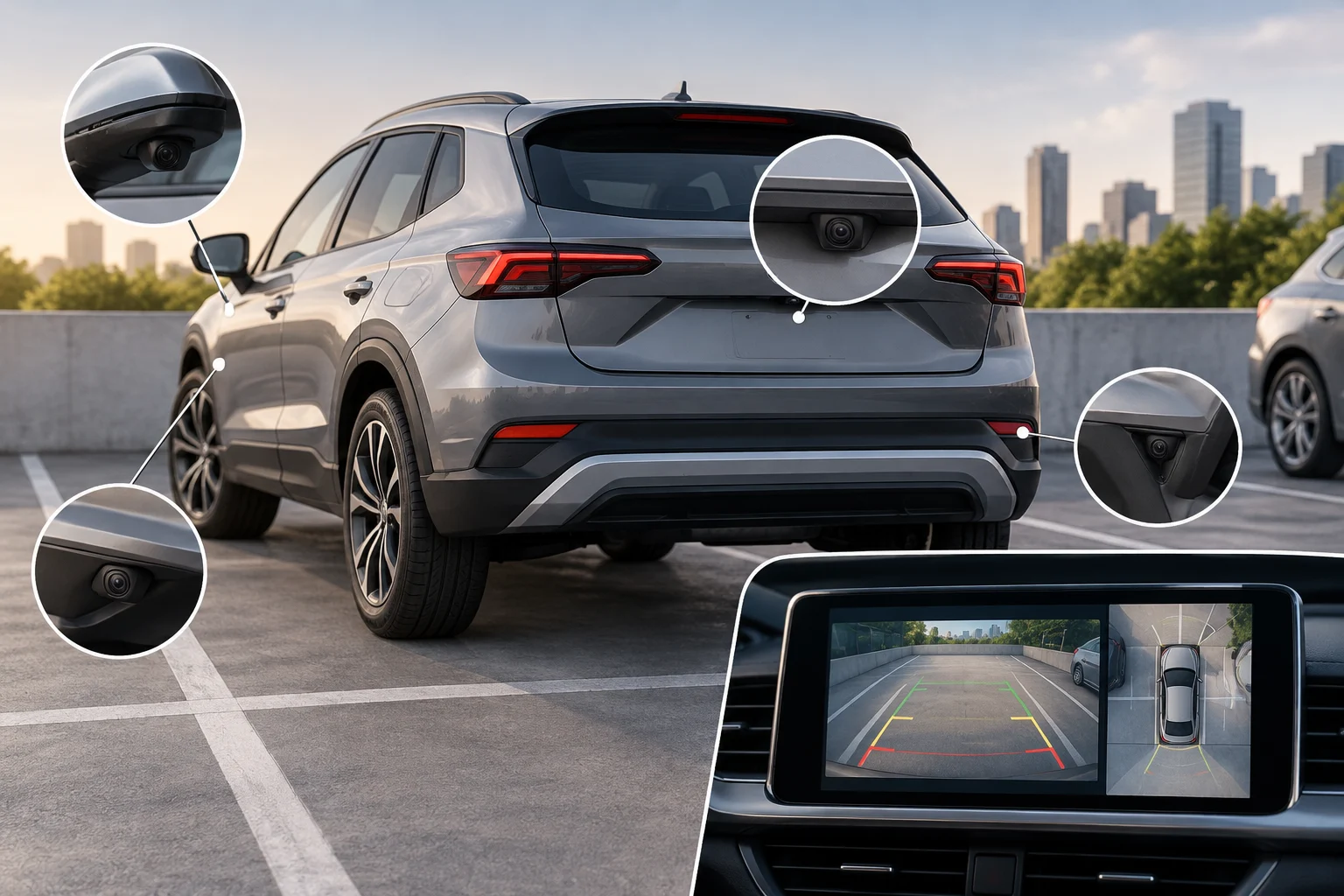Geparktes Auto mit markierten Außenkameras und einem Parkdisplay.