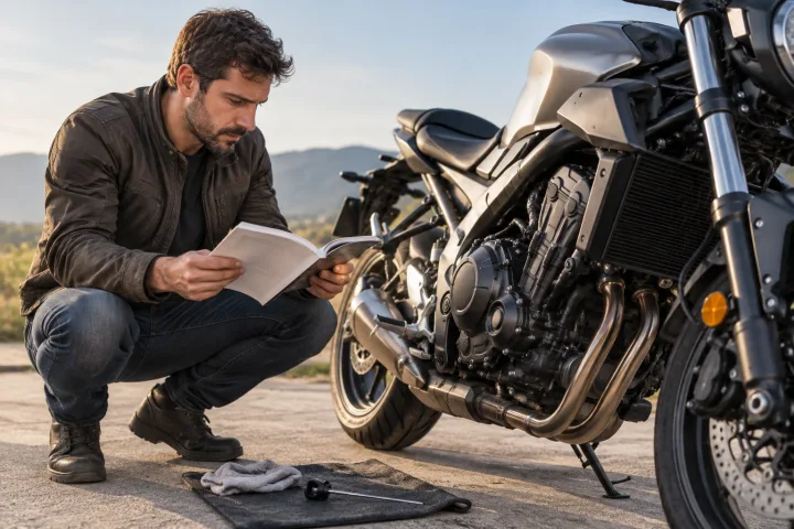 A person consults the manual of a motorcycle parked in a clear space.