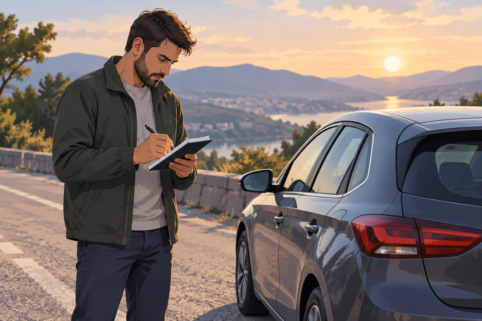 Persona con l'auto parcheggiata registra su un taccuino quando è apparso un sintomo.