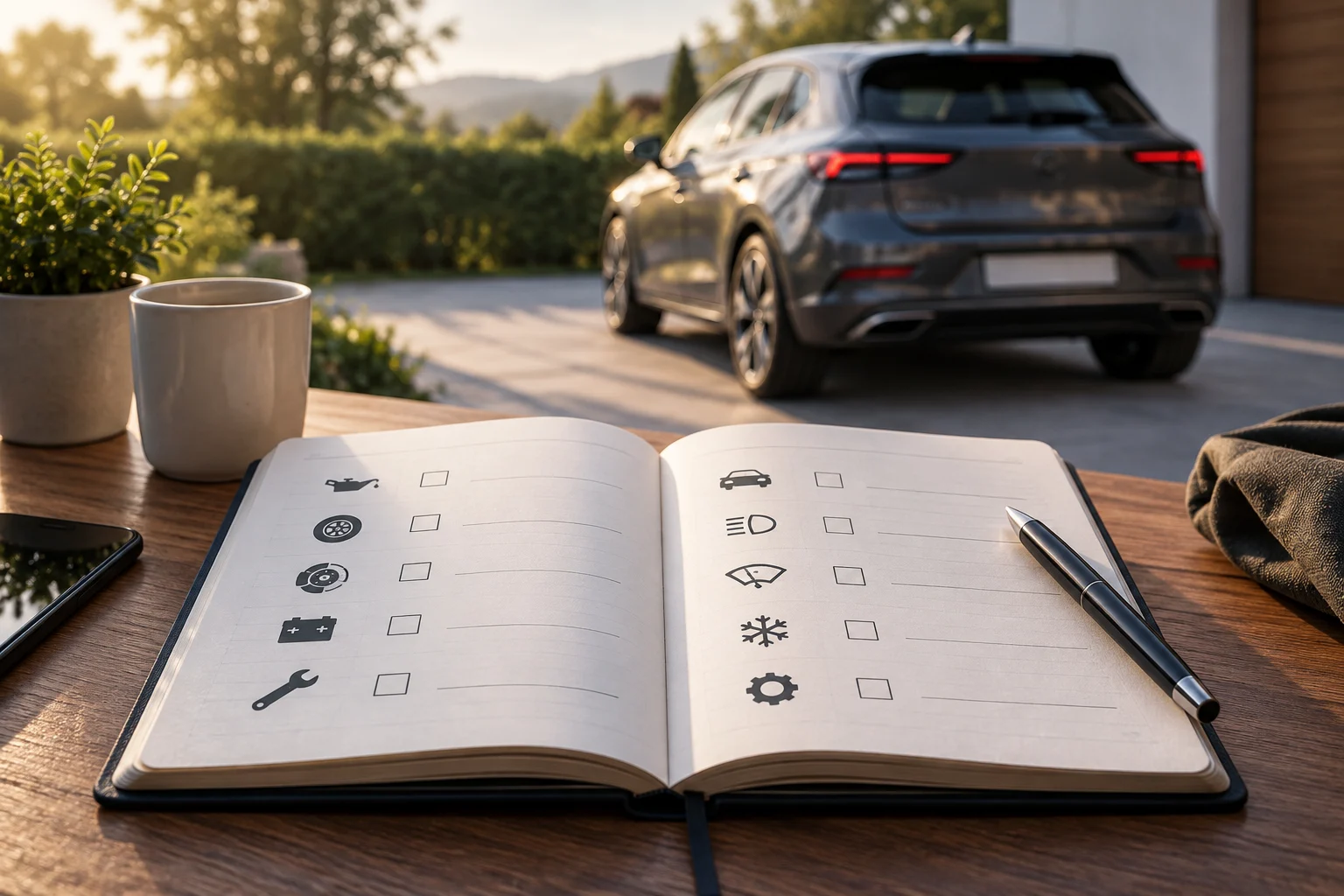 Quaderno pronto per registrare episodi di un guasto accanto a un'auto parcheggiata.
