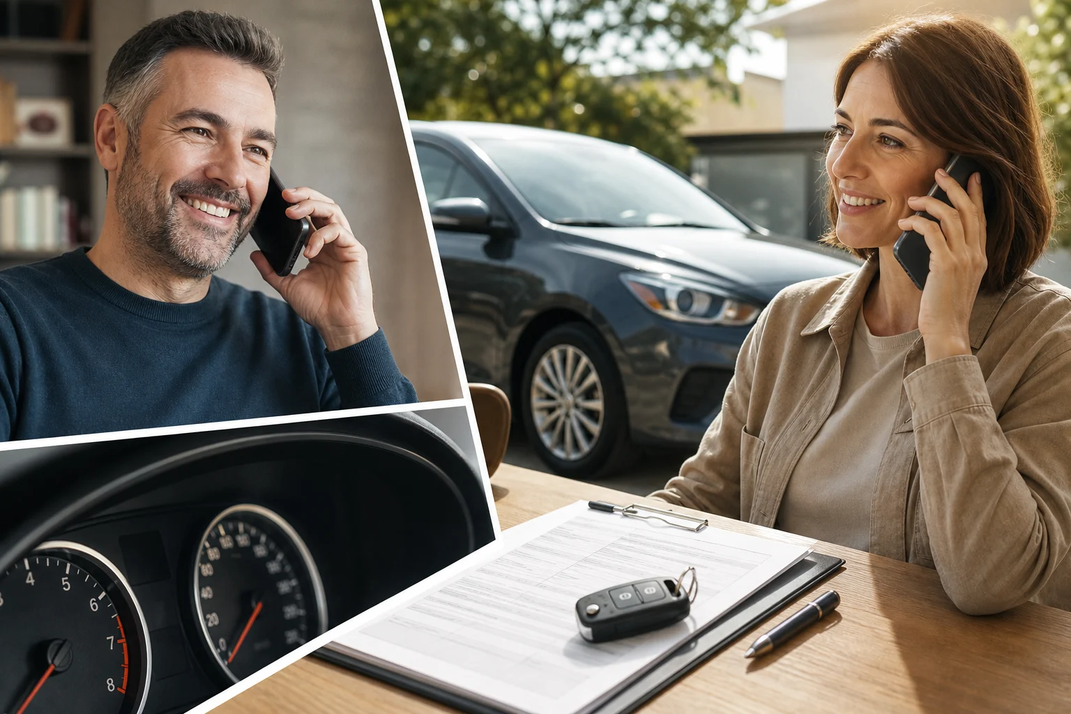 Acquirente che annota targa, chilometraggio e documenti richiesti al venditore di un’auto usata