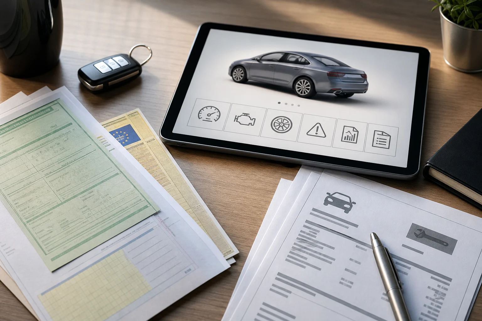 Documenti di un’auto usata confrontati con un rapporto del veicolo su un tablet