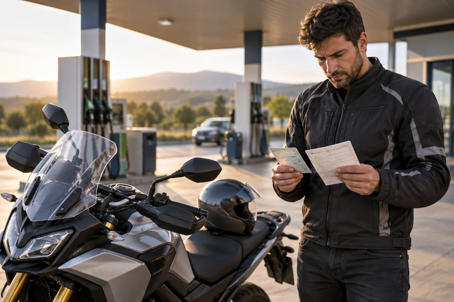 Motard consultant les documents de sa moto près d’une station-service