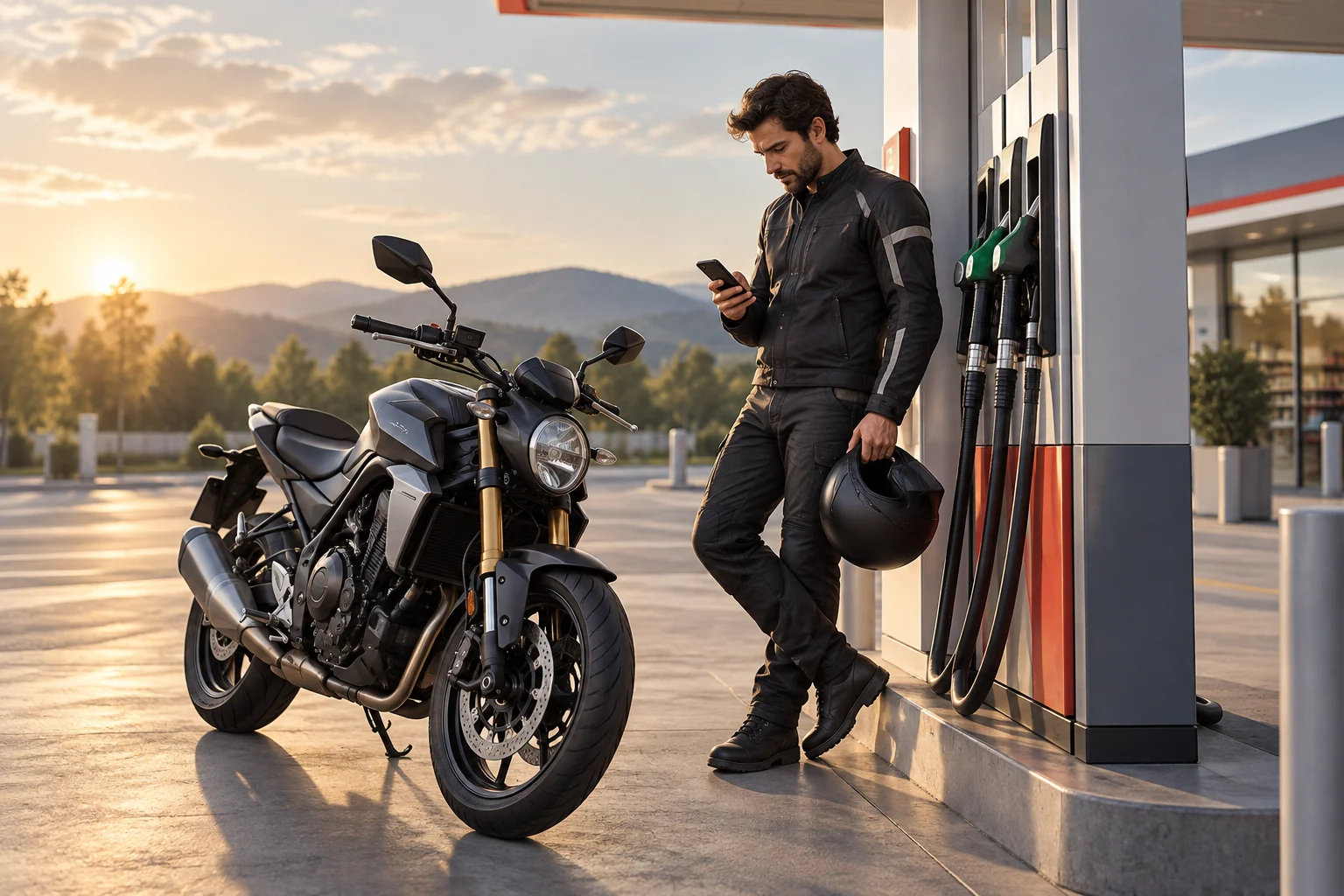 Personne consultant des informations près d’une moto dans une station-service