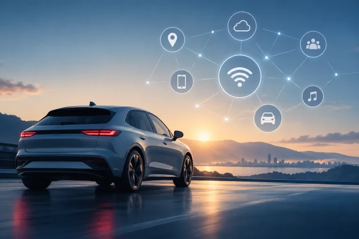 Abstract illustration of a digital network next to the silhouette of a car.