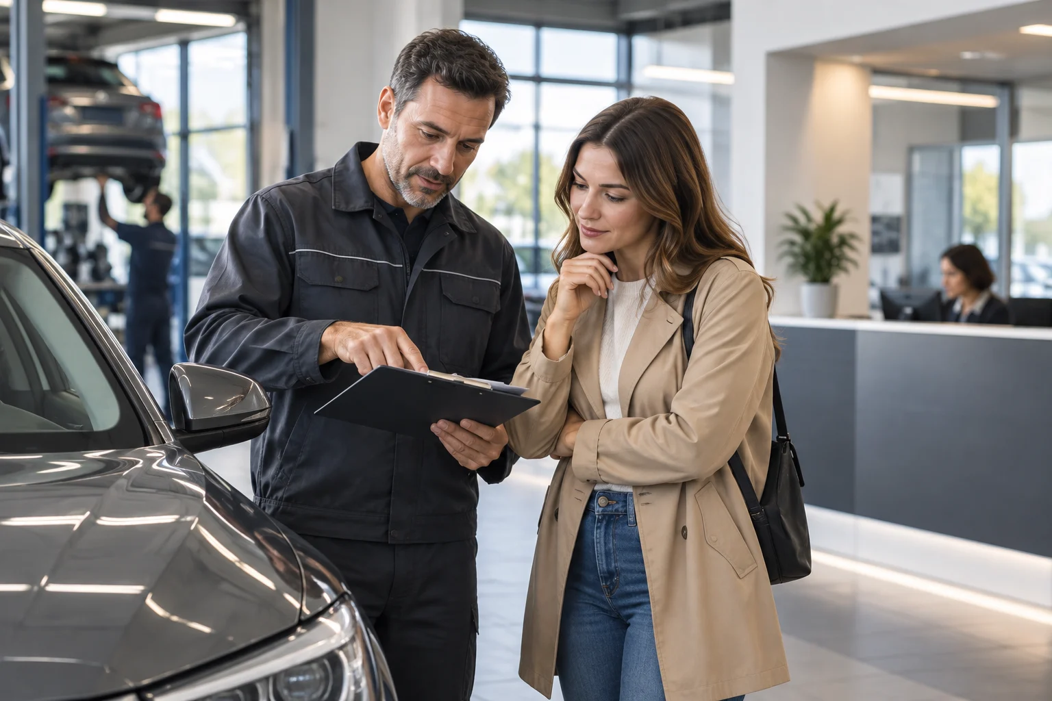 Kunde prüft neben einem Auto einen Kostenvoranschlag für eine Reparatur.