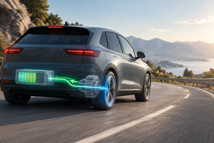 Electric car decelerating on a road while a simple graphic represents energy returning to the battery