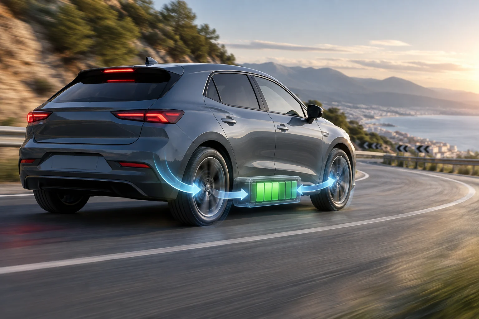 Esquema de um automóvel a desacelerar e a transformar a energia do movimento em eletricidade armazenada na bateria